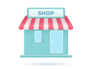 Üç boyutlu simge. Market tenteleri ön cephe manzarası. Ticari mimari dış görünüş. Perakende pazarı yerel mağazası