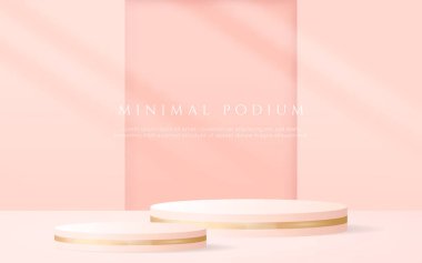 3D Lüks Pembe Pastel Podyumu. Soyut sahne arkaplanı. Ürün sunumu, modelleme, kozmetik ürünler