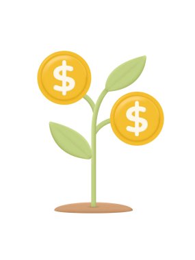 3D money tree plant. Business profit investment, finance education, business income growth