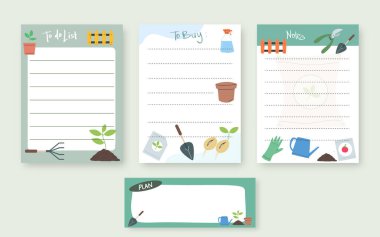 Gardening cards, notes, stickers, labels, tags with germination illustrations. Template for scrapbooking