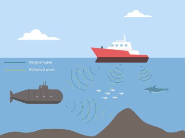 Bio sonar sound detect object locate. echo radar ocean system clipart
