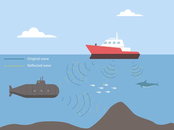 Som Biossonar Detecta Localização Objecto Echo Radar Oceano Sistema —  Vetores de Stock