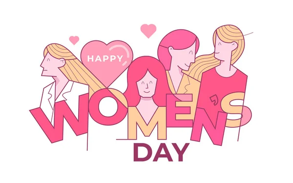 Gelukkige Vrouwen Dag Met Vier Vrouwen Zusterschap Vrouwen Vriendschap Illustratie — Stockvector
