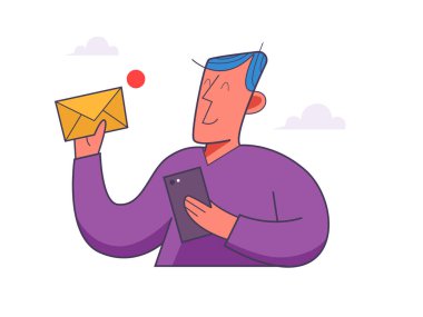 Telefonla mesaj gönderen bir iş adamı. E-posta pazarlama, bülten, haberler, teklifler, promosyonlar
