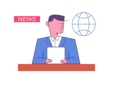 Son dakika haberleriyle TV ekranı. Erkek haber sunucusu illüstrasyonu