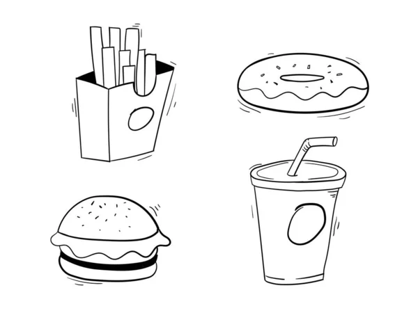 Gyorsétterem Ikonok Beállítva Burger Fánk Sült Krumpli Papírpohár Itallal Kézzel — Stock Vector