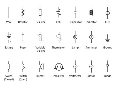 Set of electronic circuit symbols. Schematic circuit diagrams vector illustration clipart