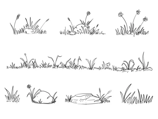 Set Aus Gras Kritzelelementen Handgezeichnete Grasfeldumrisse Kritzeln — Stockvektor