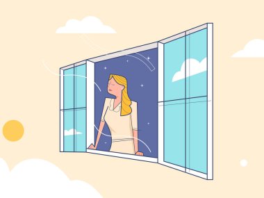 Pencereyi güzel manzaralı genç bir kadın açıyor.
