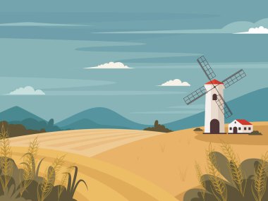 Yel değirmeni, ahır, kırsal yaz vektör ilüstrasyonlu buğday tarlası