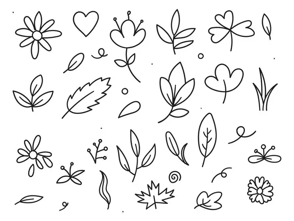 Ručně Kreslené Listy Květiny Vektor Set Stock Ilustrace
