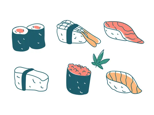 Sushi Disegnato Mano Pesce Salmone Gamberetti Cibo Nigiri Japan Illustrazione Stock