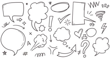 El çizimi elementler konuşma balonu, oklar, karalama, yıldızlar, soru işareti