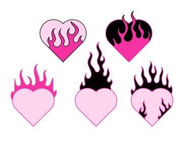 Aşk ateşler içinde. Retro kalp ikonu, Y2K 'da dekoratif romantik elementler