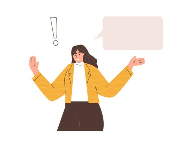 Konuşma baloncukları ve figürler, kadın duyuru yapıyor.