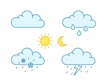 Meteoroloji ikonu. Gece ve gündüz için hava tahmini, Yağmurlu, kar taneleri, bulutlu, fırtına