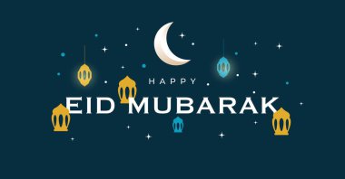 Mutlu bayramlar mübarek bayrağı, tebrik kartı, poster, tatil örtüsü, fener, ay ve yıldız süsü