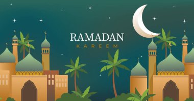 Ay ve yıldız tasarımlı güzel cami, Ramazan kareem tebrik kartı, poster, web afişi, tatil arkaplan illüstrasyonu