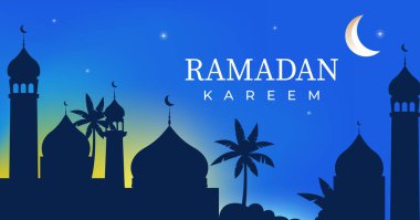 Ramazan Kareem tebrik kartı, afiş, poster arka sayfası, güzel bir cami sabah güneşi.