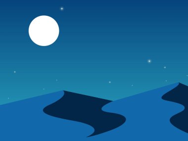 Mavi peri çölü gece gökyüzünde dolunay ve yıldızlarla