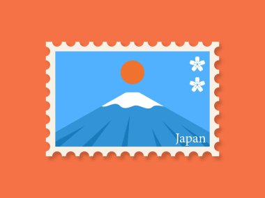 Japonya posta pulu şablonu. Fuji Dağı ve Sakura illüstrasyonu