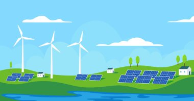 Rüzgar jeneratörleri ve güneş panelleri, doğa manzarası, yenilenebilir enerji konsepti