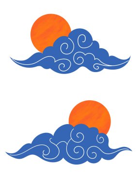 Kırmızı güneşli Japon ya da Çin bulutu, dekoratif element oryantal grafik seti