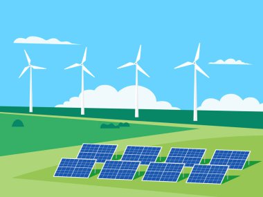 Rüzgar jeneratörleri ve güneş panelleri, doğa manzarası, yenilenebilir enerji gücü.
