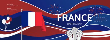 Mutlu Fransa Ulusal Günü. Bayram konseptinin geniş afiş illüstrasyonu. Soyut arka plan Fransa Bastille Günü 14 Temmuz