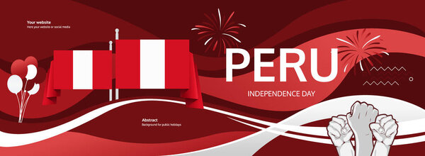 Peru National Day festive banner. Vibrant modern template for national holiday celebration with raised hands and flag. 28 July. Happy Independence day of Peru
