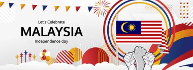 31 Ağustos 'u gururla kutlamak için el ve bayrak kaldıran Malezya Ulusal Günü yatay tasarım pankartı. Malezya Bağımsızlık Gününüz kutlu olsun.