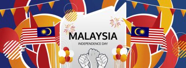 Malezya Bağımsızlık Günü yatay bayrağı. 31 Ağustos, Malezya Ulusal Günü olarak kutlanır. Ulusal bayramlar, tanıtım, reklamlar ve satış için kutlama afişi