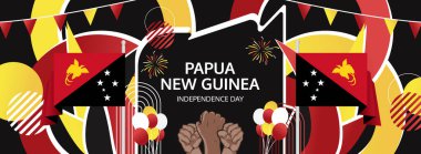 Papua Yeni Gine Bağımsızlık Günü yatay bayrağı. 16 Eylül Papua Yeni Gine Ulusal Günü olarak kutlanır. Ulusal bayramlar, tanıtım, reklamlar ve satış için kutlama afişi