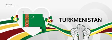 Türkmenistan Ulusal Günü, 27 Eylül 'ü gururla anmak için el ve bayrak kaldırılmış yatay tasarım pankartı. Türkmenistan Bağımsızlık Gününüz kutlu olsun