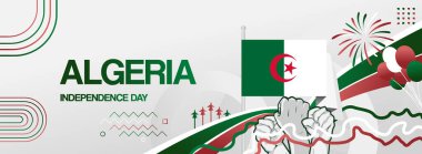 Cezayir 'in bağımsızlık günü bayrağı. Bayram kutlamaları için canlı modern şablonlar, tebrik kartları, reklam panoları ve spor etkinliği arka planları. 5 Temmuz. Cezayir 'in ulusal günü kutlu olsun.