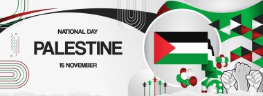 Filistin Bağımsızlık Günü Bayrağı. Soyut retro modern, 15 Kasım 'daki Filistin ulusal gününü kutlamak için. Tatil konsepti, davetiyeye uygun, tebrik kartları, onur, destek ve kampanya