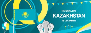 Kazakistan Bağımsızlık Günü Bayrağı. Kazakistan Ulusal Günü kutlamalarının 16 Aralık 'taki yaratıcı geçmişi. Soyut şekil sanatı, karnaval etkinliği, online davet ve seyahat hedefi için harika.