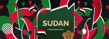 Bayrak rengi temalı Sudan Bağımsızlık Günü afişi. 1 Ocak 'taki mutlu Sudan Ulusal Günü tebrik kartı. Tatil kavramı arka planı