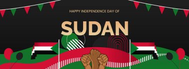 Sudan Bağımsızlık Günü 'nü kutlayın. Kalın ve sembolik bayrak renkleriyle geniş pankart. Mutlu Sudan Ulusal Günü. Desteğinizi göstermek ya da itiraz etmek için elinizi kaldırın. Tatil konsepti çizimi