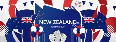 New Zealand Waitangi day festivities banner. Creative templates national holiday celebration in flag colors theme. Great background for carnival events, promo ads, and business clipart