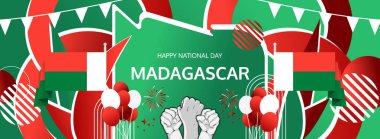 Madagaskar Bağımsızlık Günü modern selamlama bayrağı. 26 Haziran Ulusal Günün kutlu olsun. Bayrak renklerinde tatil kavramı. Karnaval, şölen posteri, destek, kültür ve turizm gibi etkinlikler için harika
