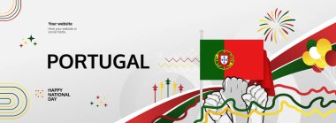 Portekiz Günü modern selamlama bayrağı. Portekiz ya da Bağımsızlık Gününüz kutlu olsun. Tatiller soyut bir kavram. Karnaval, şölen posteri, destek, kültür ve turizm gibi etkinlikler için harika