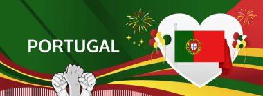 Portekiz Günü modern selamlama bayrağı. Portekiz ya da Bağımsızlık Gününüz kutlu olsun. Tatiller soyut bir kavram. Karnaval, şölen posteri, destek, kültür ve turizm gibi etkinlikler için harika