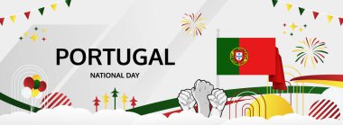 Portekiz Günü modern selamlama bayrağı. Portekiz ya da Bağımsızlık Gününüz kutlu olsun. Tatiller soyut bir kavram. Karnaval, şölen posteri, destek, kültür ve turizm gibi etkinlikler için harika