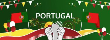 Portekiz Günü modern selamlama bayrağı. Portekiz ya da Bağımsızlık Gününüz kutlu olsun. Tatiller soyut bir kavram. Karnaval, şölen posteri, destek, kültür ve turizm gibi etkinlikler için harika