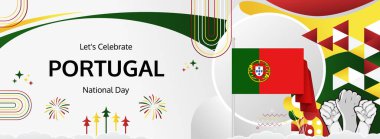 Portekiz Günü modern selamlama bayrağı. Portekiz ya da Bağımsızlık Gününüz kutlu olsun. Tatiller soyut bir kavram. Karnaval, şölen posteri, destek, kültür ve turizm gibi etkinlikler için harika