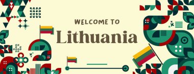 Litvanya Devlet Günü bayrağı renkli, modern geometrik tarzda. Ulusal ya da bağımsızlık gününüz kutlu olsun. Typography 'lı yaratıcı tebrik kartı. Ulusal tatil için soyut arkaplan