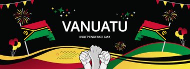 Vanuatu Bağımsızlık Günü bayrağı, yükselen el ve ulusal bayrak tasarımı. 30 Temmuz 'daki Vanuatu Ulusal Günü kutlu olsun. Reklamlar, satış, turizm ve seyahat için cazip bir poster. Tatil teması