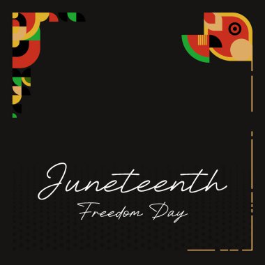 Juneteenth 'in parlak geometrik görselleri olan dinamik posteri. Afro-Amerikan tarihini anmak ve şenlikli selamlar için ideal..