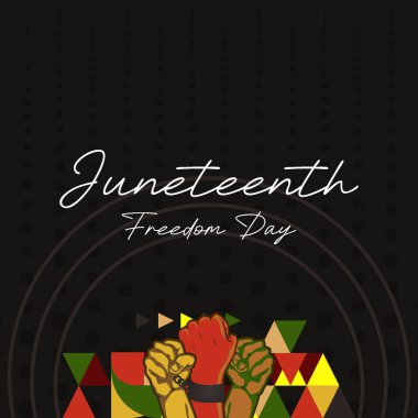 Juneteenth 'in parlak geometrik görselleri olan dinamik posteri. Afro-Amerikan tarihini anmak ve şenlikli selamlar için ideal..